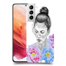 אישה בפרחים כיסוי מגן קשיח מעוצב ל Samsung Galaxy S21 5G יחידה אחת סקרין מובייל