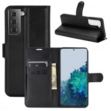 כיסוי ארנק / ספר עשוי מעור בצבע שחור עם חריצים לכרטיסי אשראי עבור Samsung Galaxy S21+ 5G