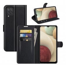 כיסוי ארנק / ספר עשוי מעור בצבע שחור עם חריצים לכרטיסי אשראי עבור Samsung Galaxy M12
