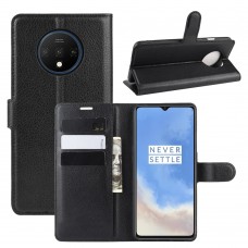 כיסוי ארנק / ספר עשוי מעור בצבע שחור עם חריצים לכרטיסי אשראי עבור OnePlus 7T