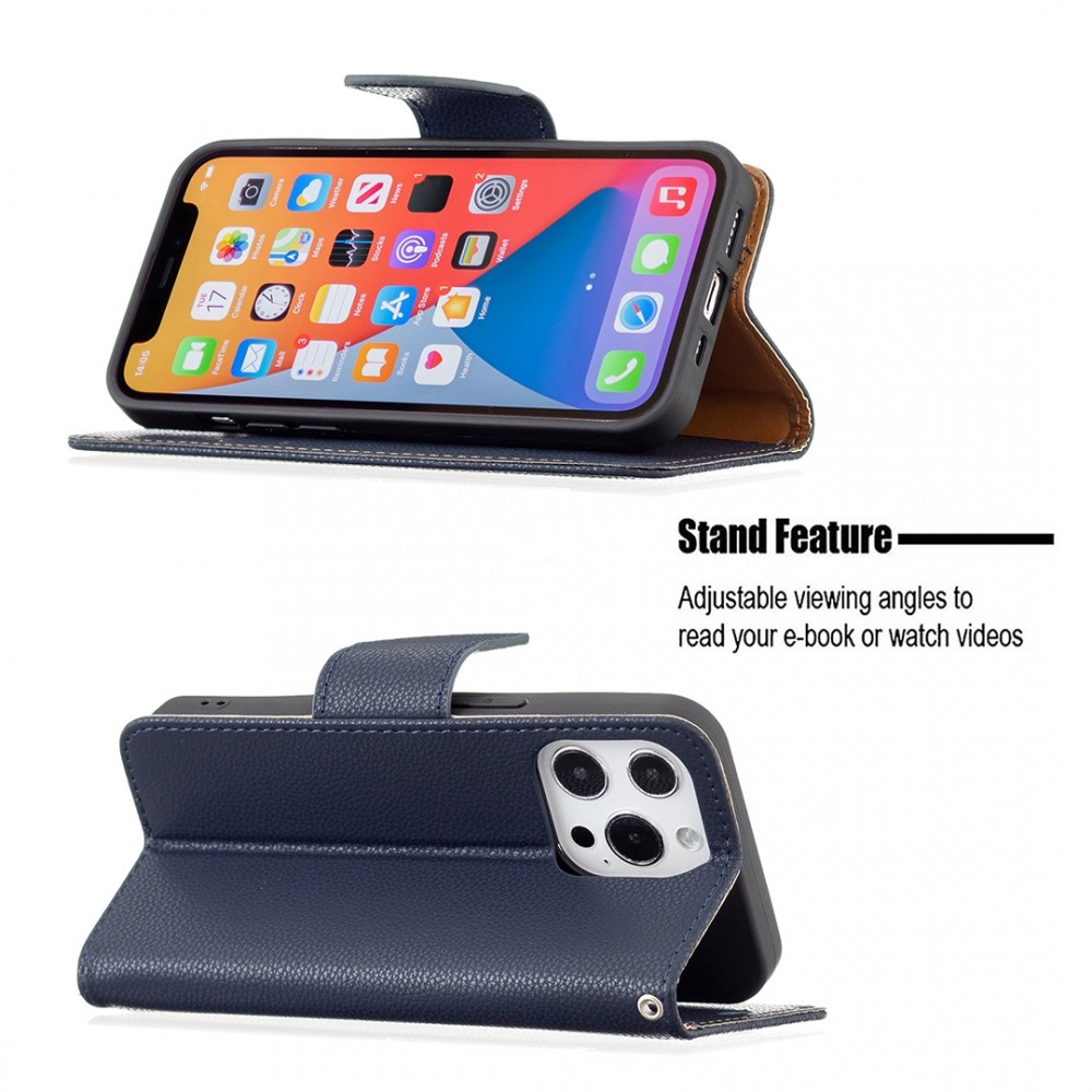 עבור Apple iPhone 13 Pro כיסוי ארנק / ספר עשוי מעור בצבע כחול עם חריצים לכרטיסי אשראי
