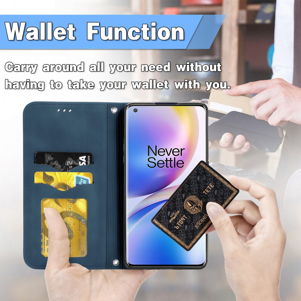 עבור OnePlus 8 Pro כיסוי ארנק / ספר עשוי מעור בצבע כחול עם חריצים לכרטיסי אשראי