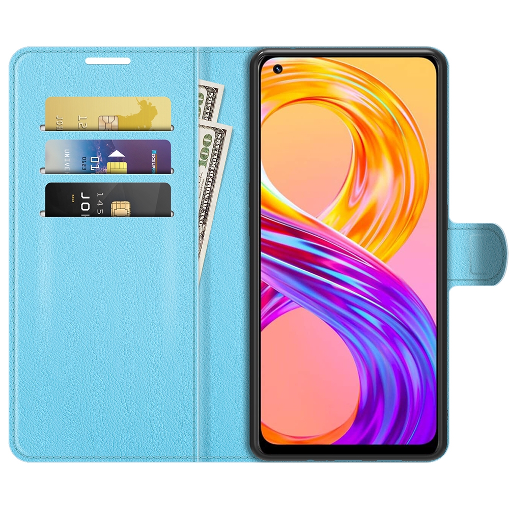 עבור Realme 8 כיסוי ארנק / ספר עשוי מעור בצבע כחול עם חריצים לכרטיסי אשראי
