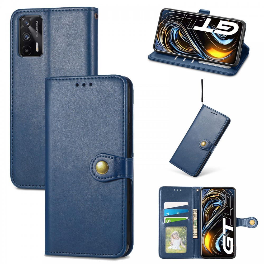 עבור Realme GT 5G כיסוי ארנק / ספר עשוי מעור בצבע כחול עם חריצים לכרטיסי אשראי
