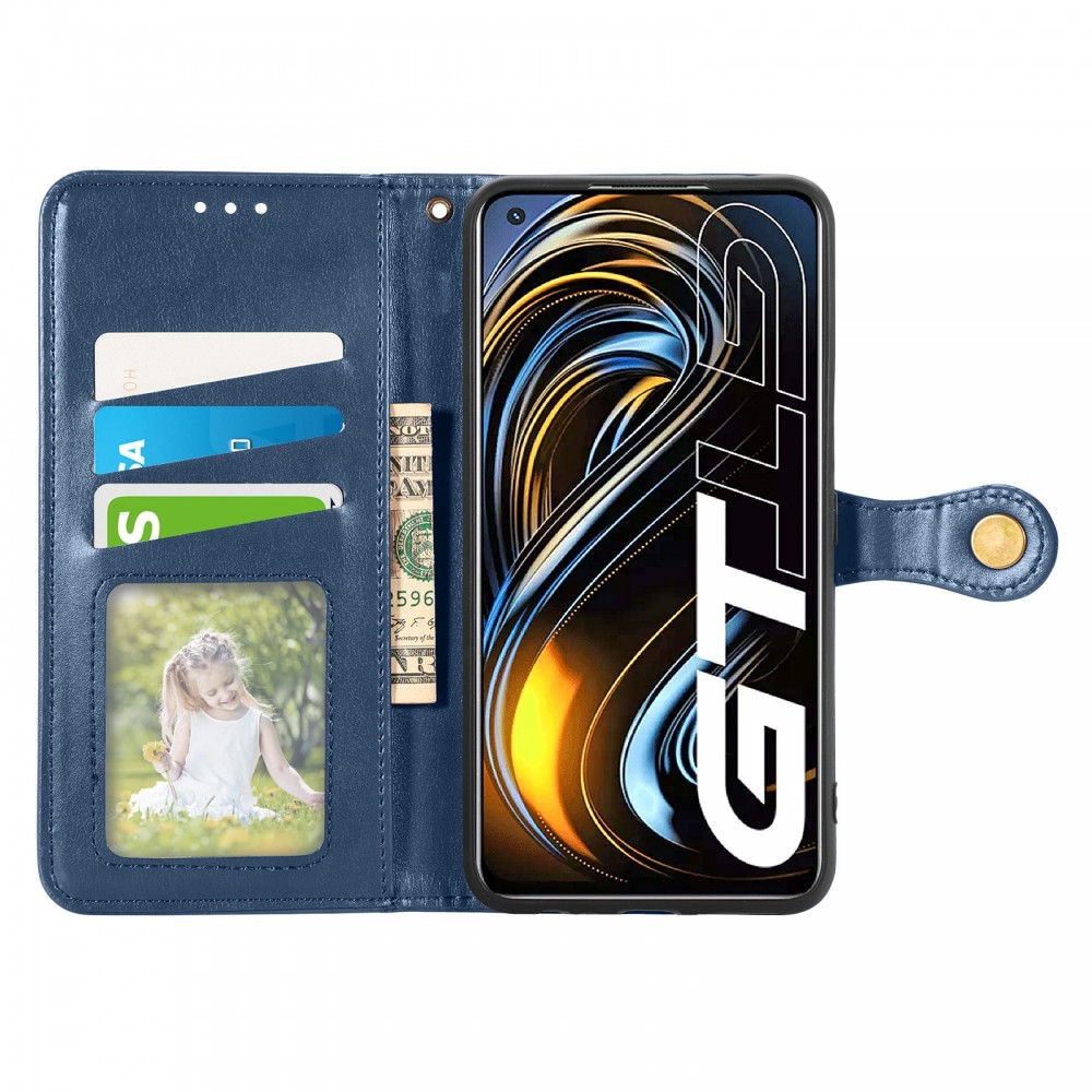 עבור Realme GT 5G כיסוי ארנק / ספר עשוי מעור בצבע כחול עם חריצים לכרטיסי אשראי