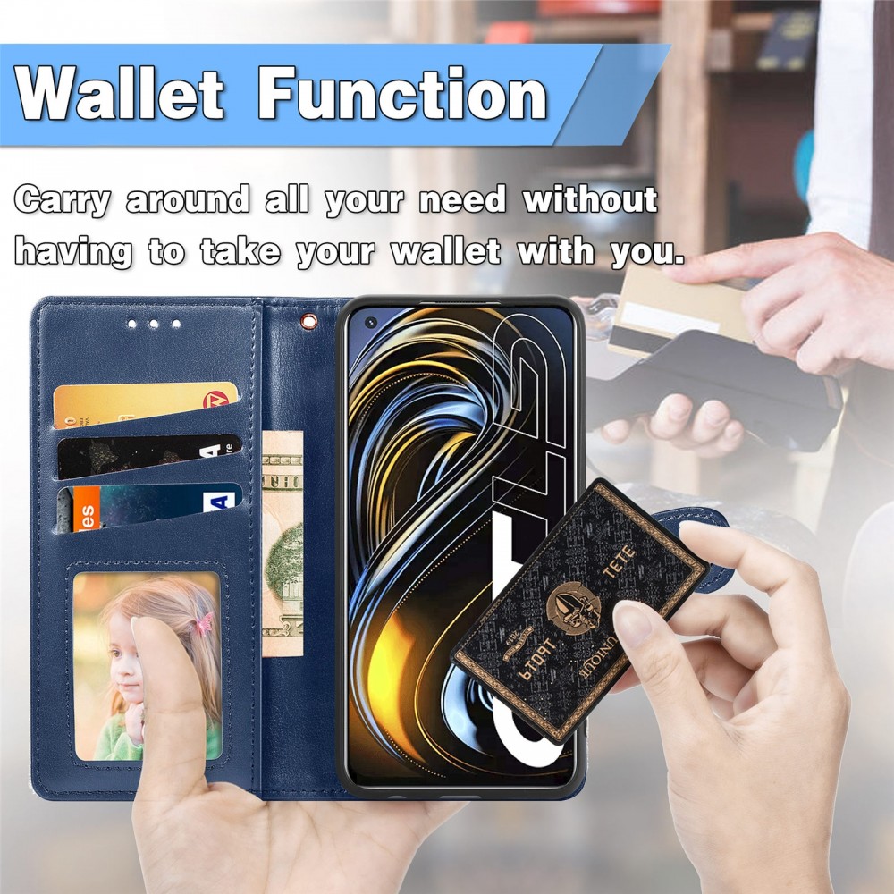 עבור Realme GT 5G כיסוי ארנק / ספר עשוי מעור בצבע כחול עם חריצים לכרטיסי אשראי
