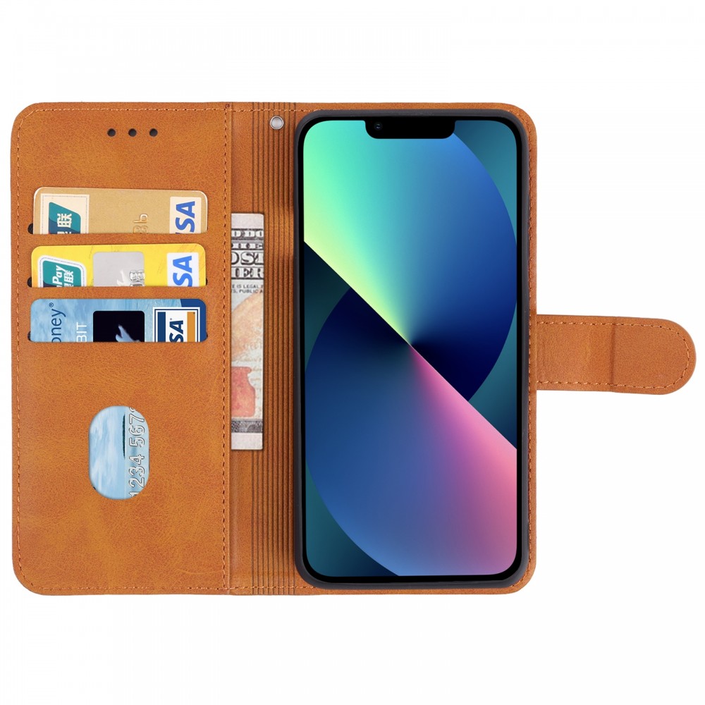 עבור Apple iPhone 14 כיסוי ארנק / ספר עשוי מעור בצבע חום עם חריצים לכרטיסי אשראי