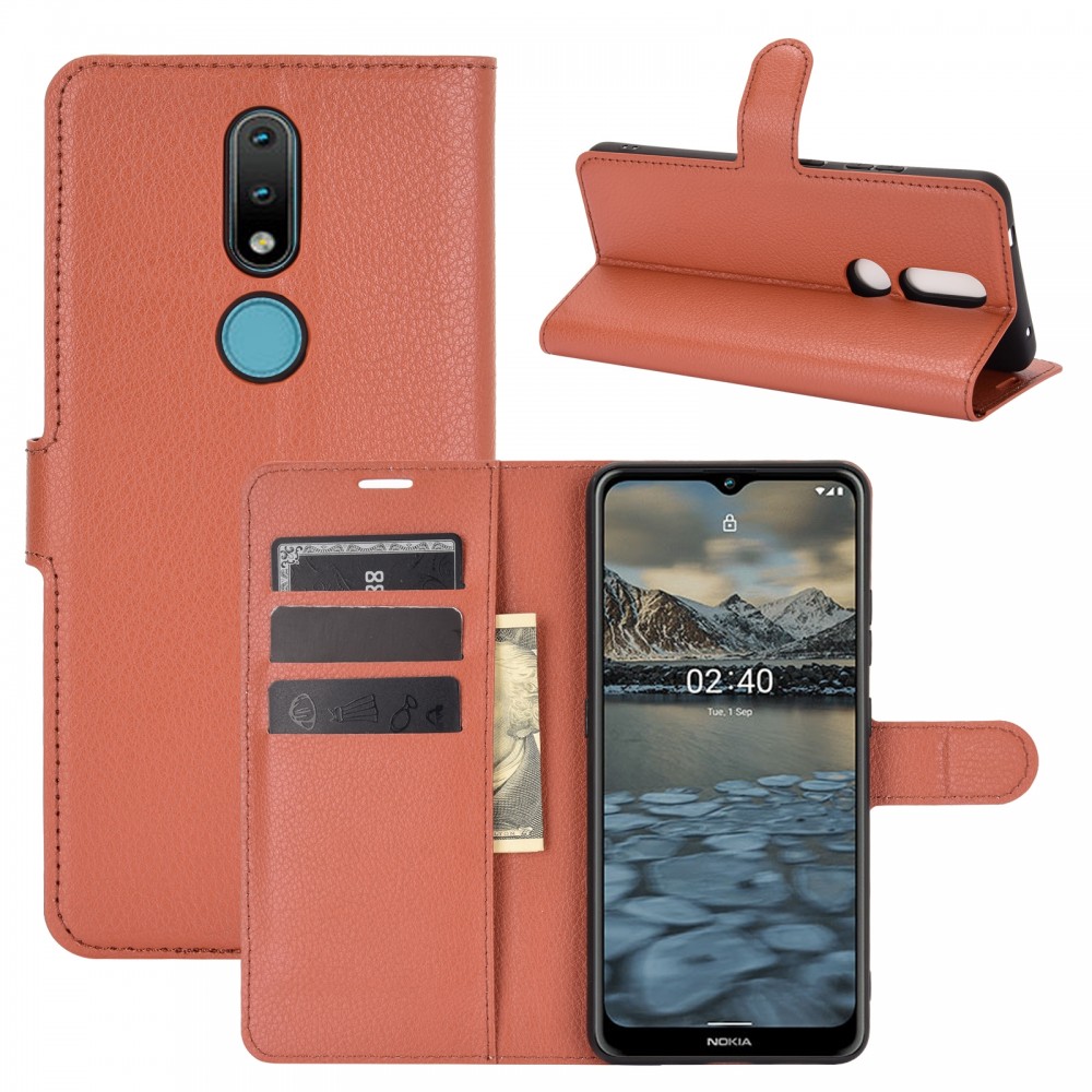 עבור Nokia 2.4 כיסוי ארנק / ספר עשוי מעור בצבע חום עם חריצים לכרטיסי אשראי