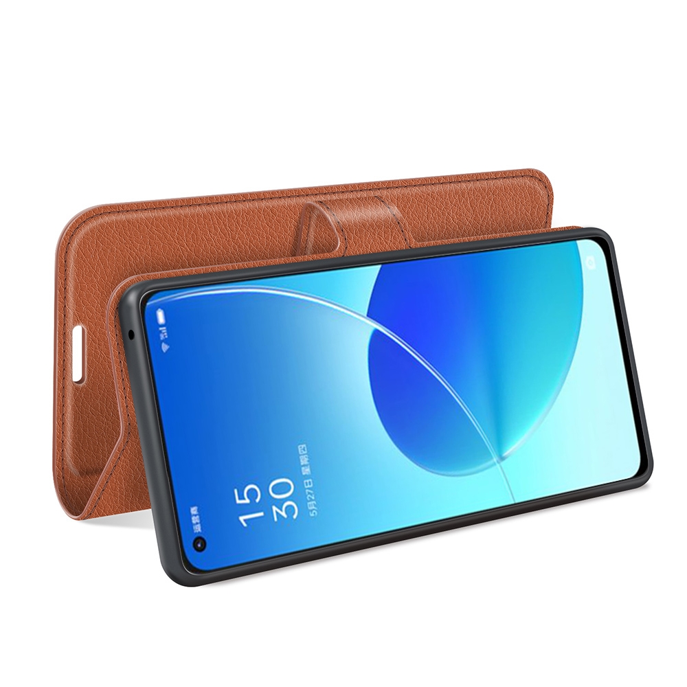 עבור Oppo Reno6 5G כיסוי ארנק / ספר עשוי מעור בצבע חום עם חריצים לכרטיסי אשראי
