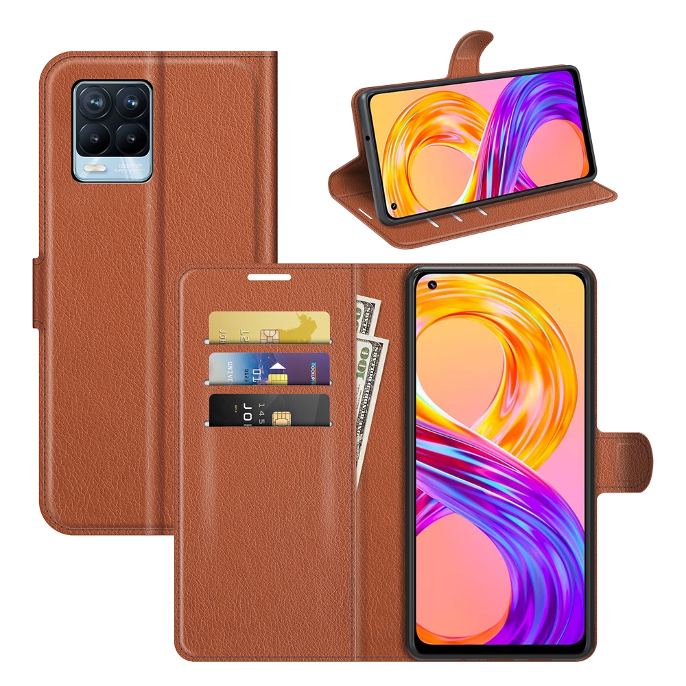 עבור Realme 8 Pro כיסוי ארנק / ספר עשוי מעור בצבע חום עם חריצים לכרטיסי אשראי