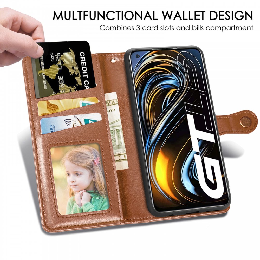 עבור Realme GT 5G כיסוי ארנק / ספר עשוי מעור בצבע חום עם חריצים לכרטיסי אשראי