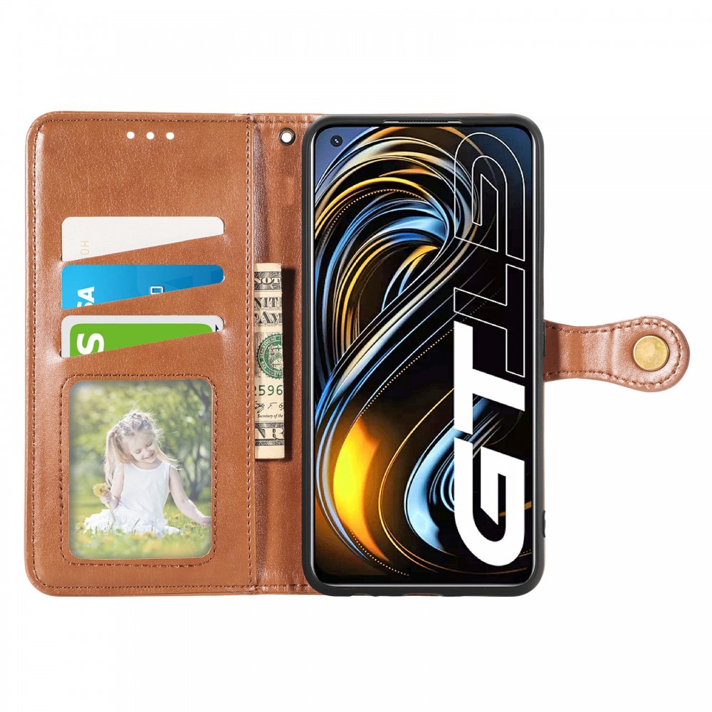 עבור Realme Q3 Pro 5G כיסוי ארנק / ספר עשוי מעור בצבע חום עם חריצים לכרטיסי אשראי