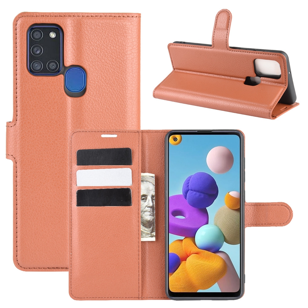 עבור Samsung Galaxy A21s כיסוי ארנק / ספר עשוי מעור בצבע חום עם חריצים לכרטיסי אשראי