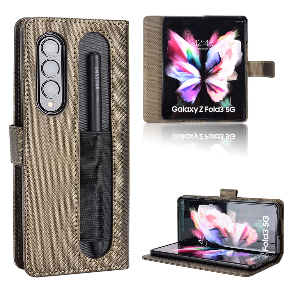 עבור Samsung Galaxy Z Fold3 5G כיסוי ארנק / ספר עשוי מעור בצבע חום עם חריצים לכרטיסי אשראי