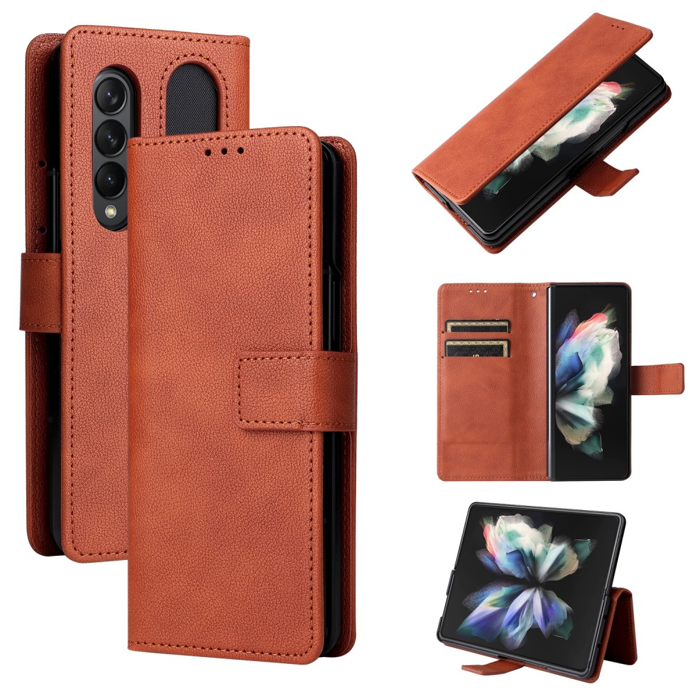 עבור Samsung Galaxy Z Fold4 כיסוי ארנק / ספר עשוי מעור בצבע חום עם חריצים לכרטיסי אשראי