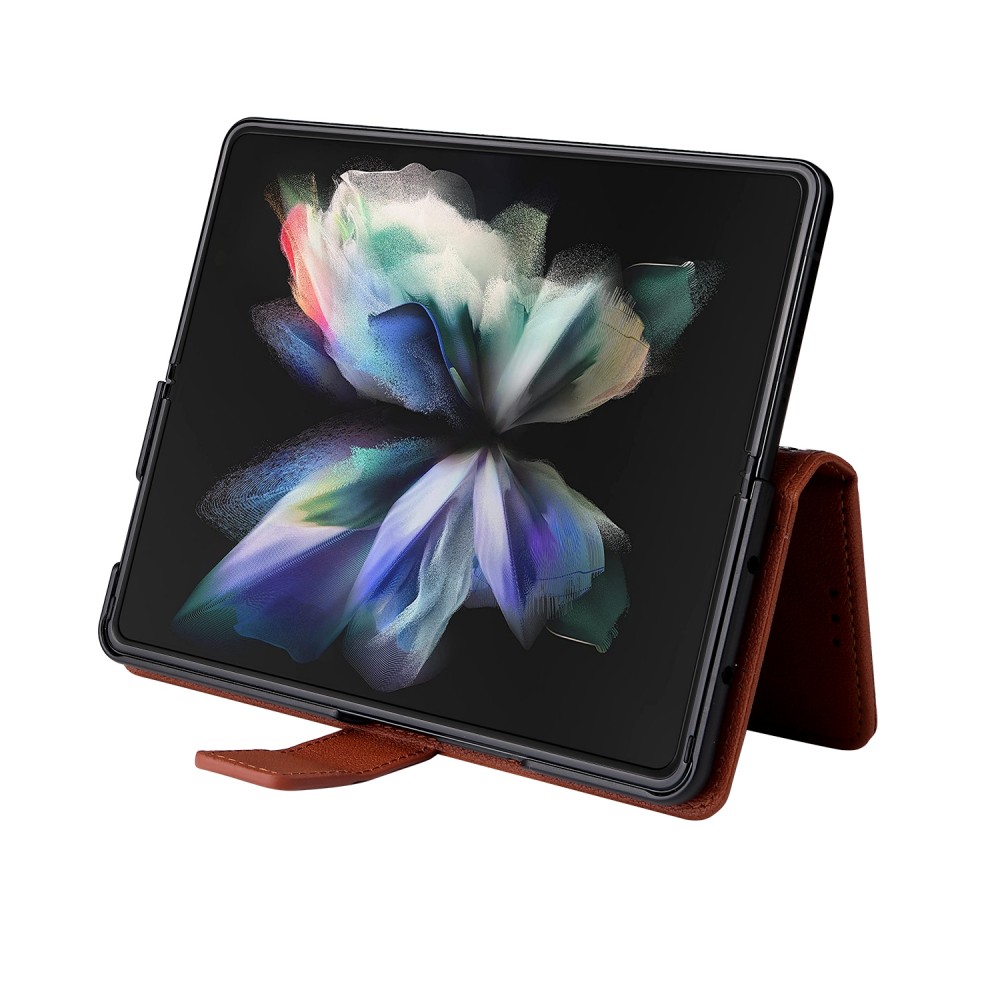 עבור Samsung Galaxy Z Fold4 כיסוי ארנק / ספר עשוי מעור בצבע חום עם חריצים לכרטיסי אשראי