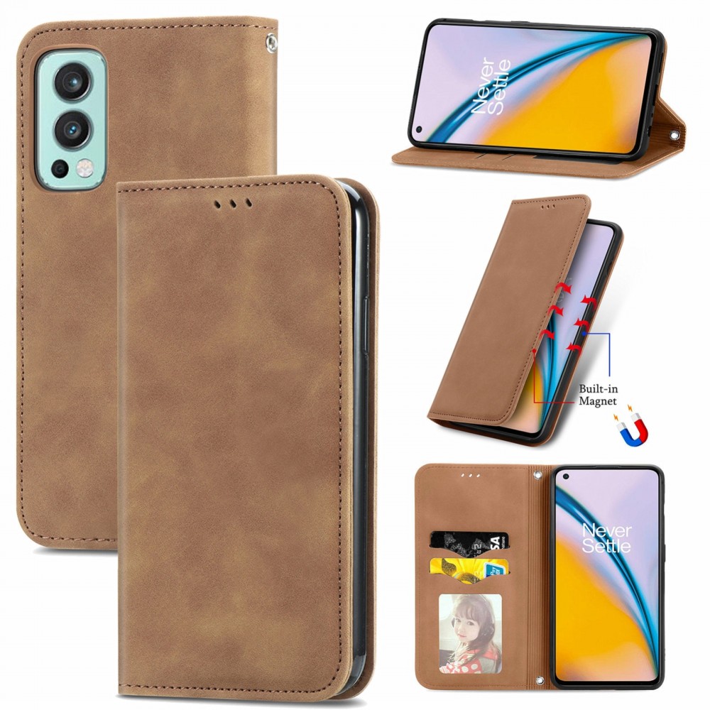 עבור OnePlus Nord 2 5G כיסוי ארנק / ספר עשוי מעור בצבע חום עם חריצים לכרטיסי אשראי
