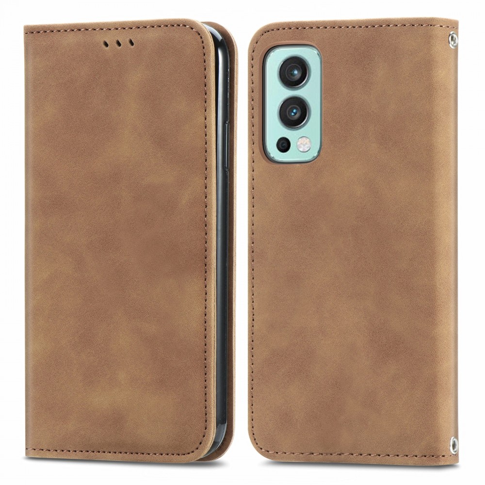 עבור OnePlus Nord 2 5G כיסוי ארנק / ספר עשוי מעור בצבע חום עם חריצים לכרטיסי אשראי