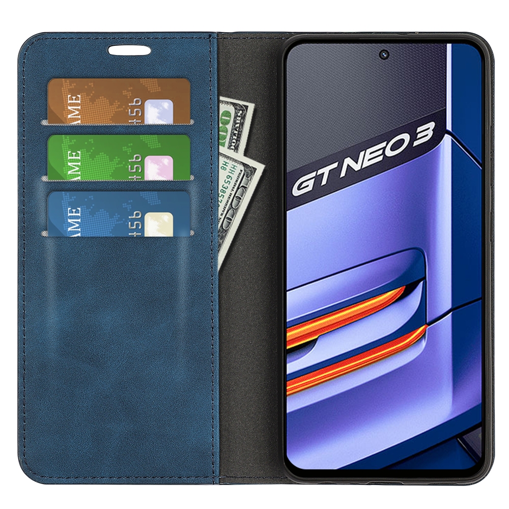 עבור Realme GT Neo 3 כיסוי ארנק / ספר עשוי מעור בצבע כחול כהה עם חריצים לכרטיסי אשראי
