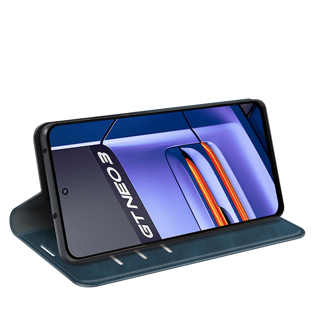 עבור Realme GT Neo 3 כיסוי ארנק / ספר עשוי מעור בצבע כחול כהה עם חריצים לכרטיסי אשראי