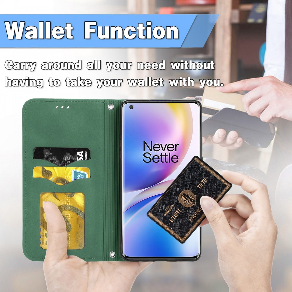 עבור OnePlus 8 Pro כיסוי ארנק / ספר עשוי מעור בצבע ירוק עם חריצים לכרטיסי אשראי