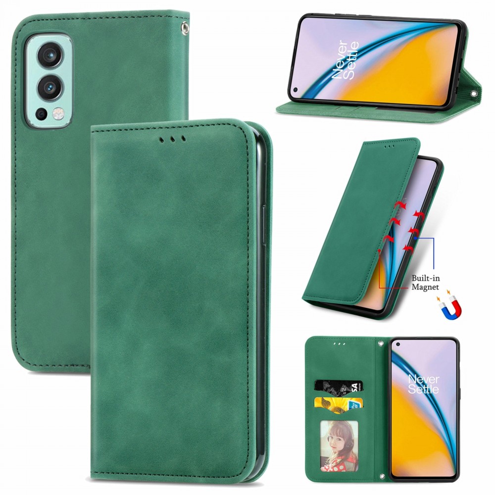 עבור OnePlus Nord 2 5G כיסוי ארנק / ספר עשוי מעור בצבע ירוק עם חריצים לכרטיסי אשראי