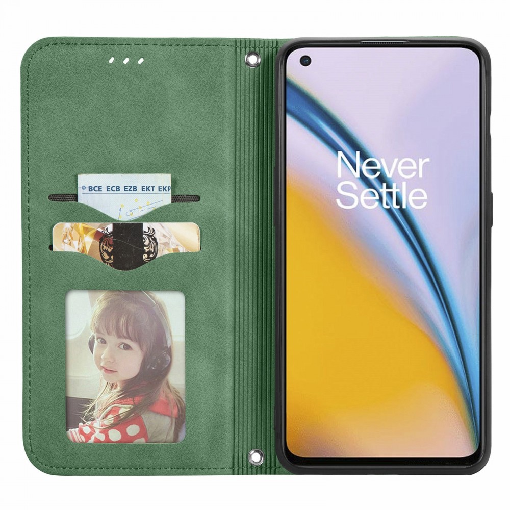עבור OnePlus Nord 2 5G כיסוי ארנק / ספר עשוי מעור בצבע ירוק עם חריצים לכרטיסי אשראי