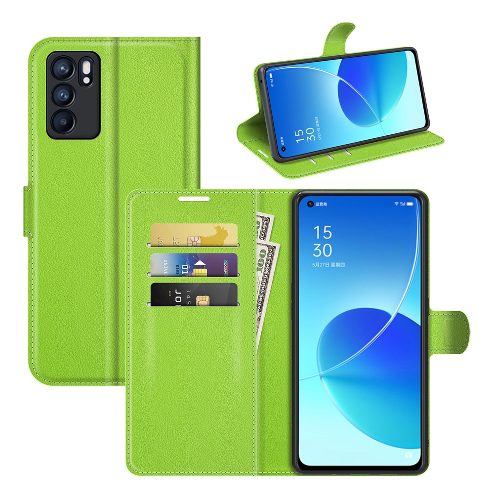 עבור Oppo Reno6 5G כיסוי ארנק / ספר עשוי מעור בצבע ירוק עם חריצים לכרטיסי אשראי