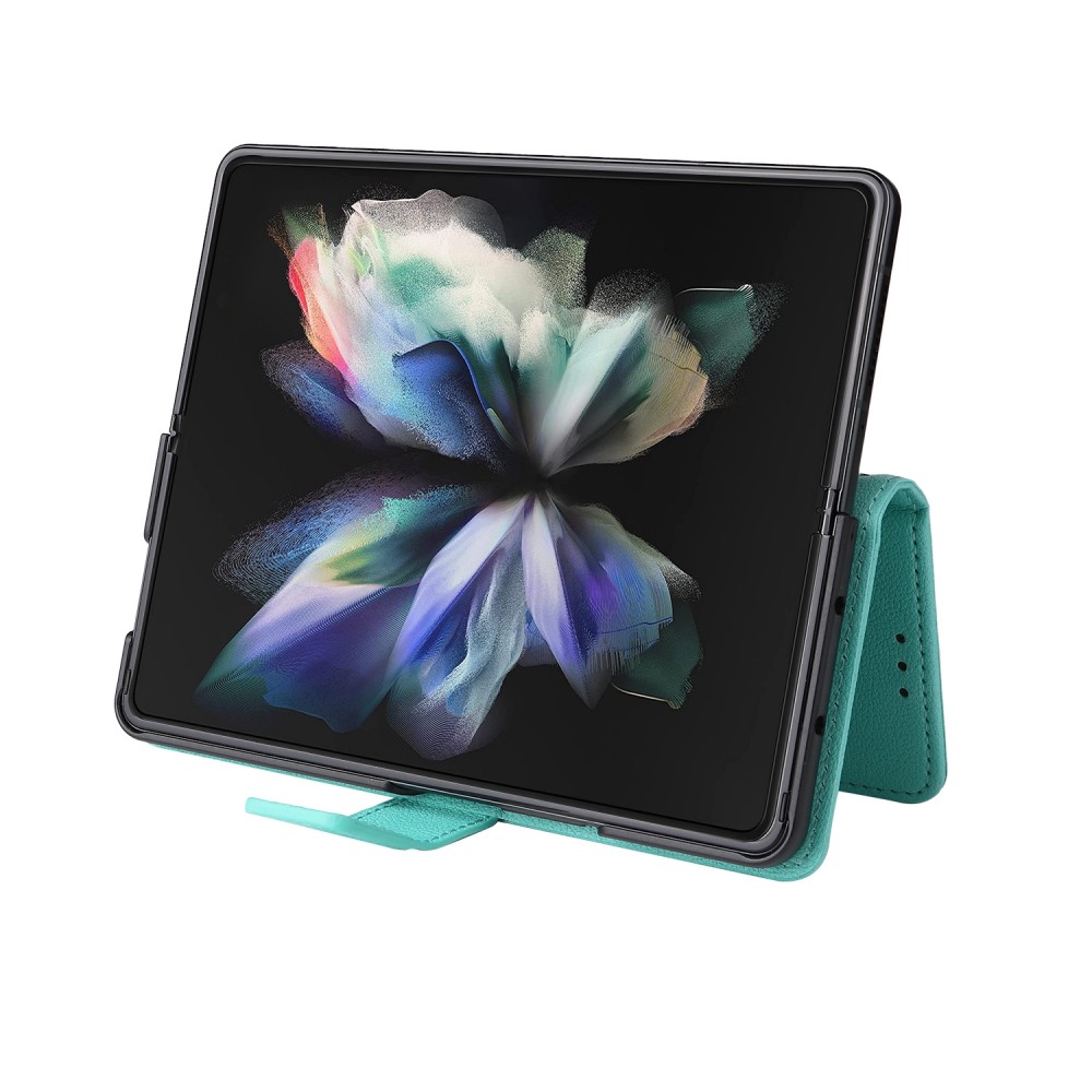 עבור Samsung Galaxy Z Fold4 כיסוי ארנק / ספר עשוי מעור בצבע טורכיז עם חריצים לכרטיסי אשראי