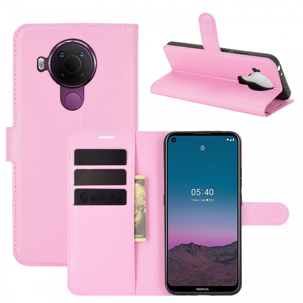 עבור Nokia 5.4 כיסוי ארנק / ספר עשוי מעור בצבע ורוד עם חריצים לכרטיסי אשראי