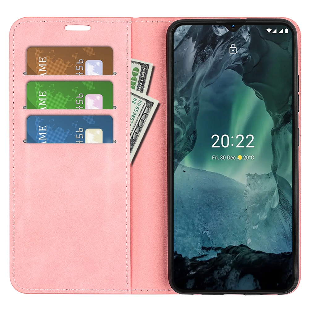 עבור Nokia G21 כיסוי ארנק / ספר עשוי מעור בצבע ורוד עם חריצים לכרטיסי אשראי
