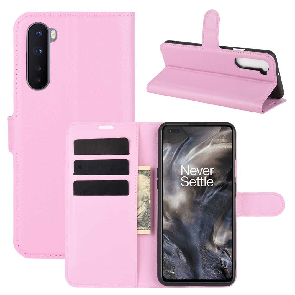 עבור OnePlus Nord כיסוי ארנק / ספר עשוי מעור בצבע ורוד עם חריצים לכרטיסי אשראי