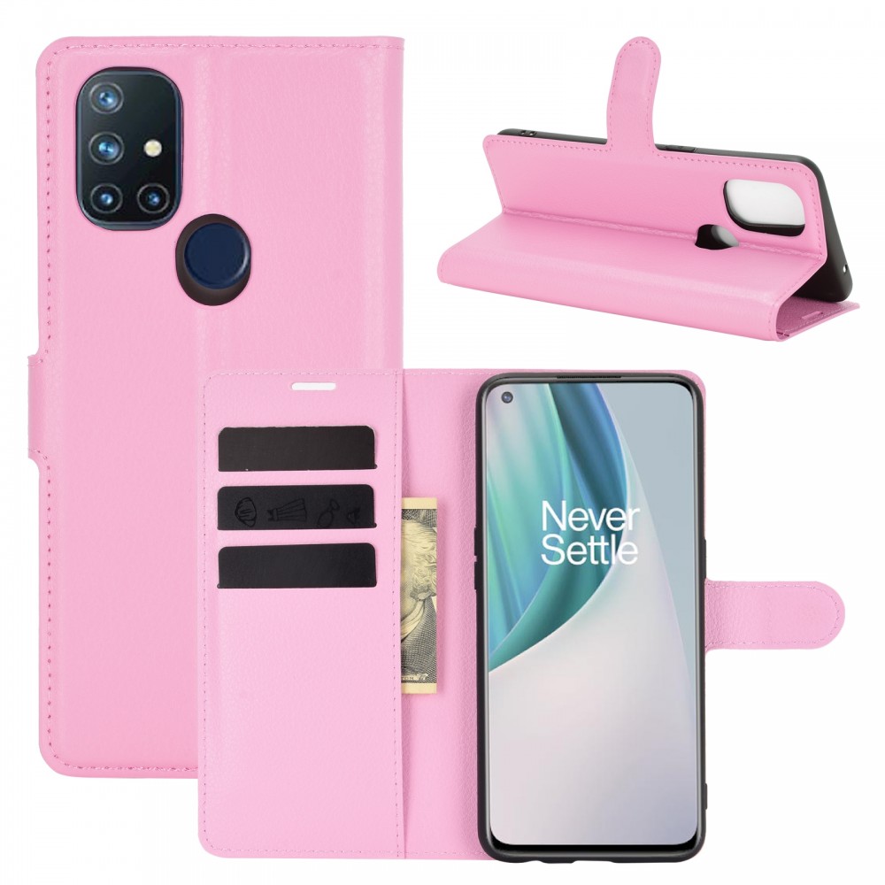 עבור OnePlus Nord N10 5G כיסוי ארנק / ספר עשוי מעור בצבע ורוד עם חריצים לכרטיסי אשראי