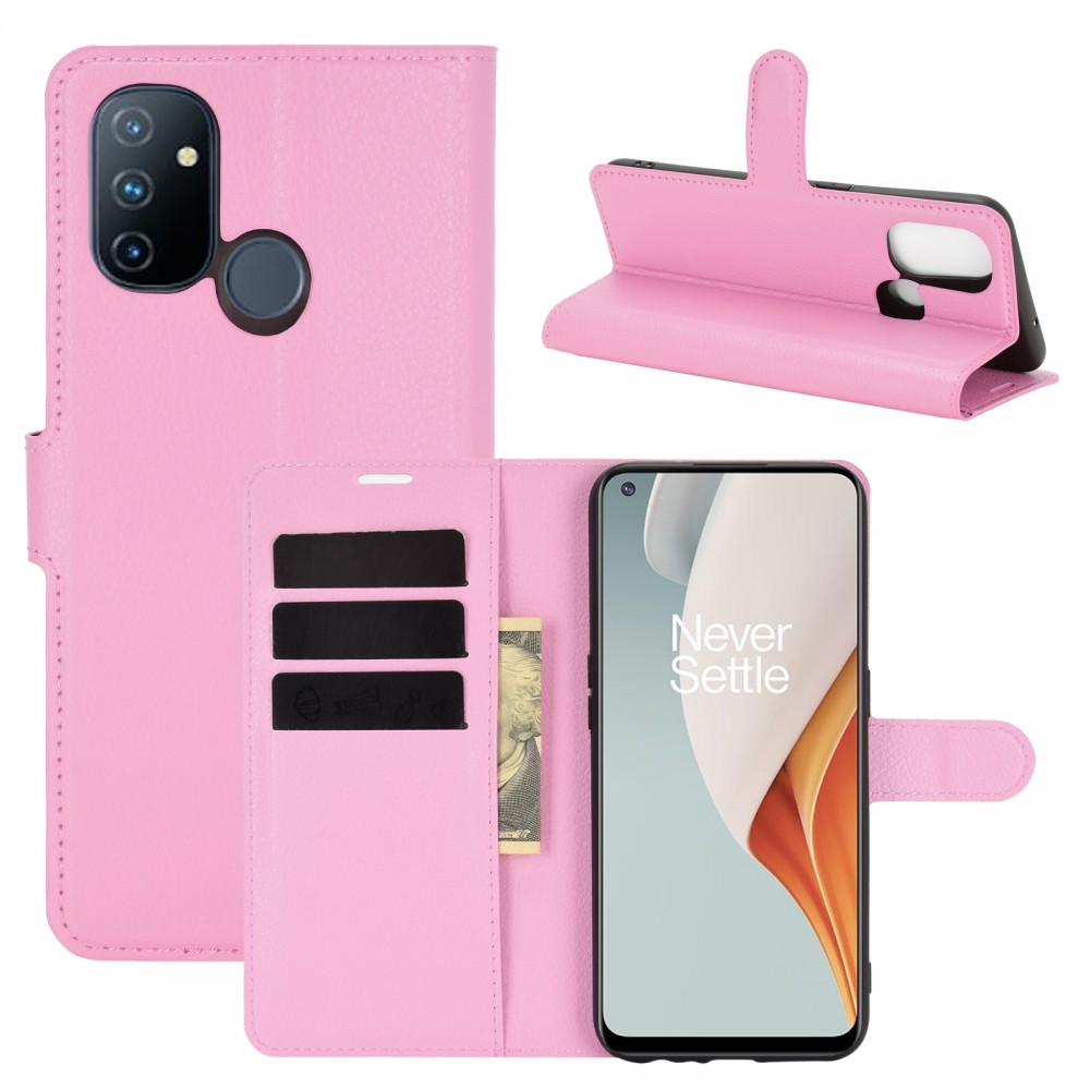 עבור OnePlus Nord N100 כיסוי ארנק / ספר עשוי מעור בצבע ורוד עם חריצים לכרטיסי אשראי