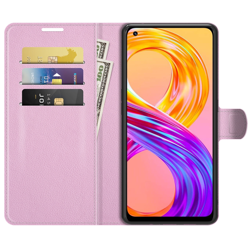 עבור Realme 8 Pro כיסוי ארנק / ספר עשוי מעור בצבע ורוד עם חריצים לכרטיסי אשראי