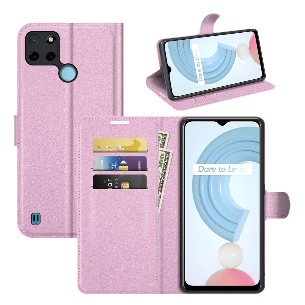 עבור Realme C21Y כיסוי ארנק / ספר עשוי מעור בצבע ורוד עם חריצים לכרטיסי אשראי