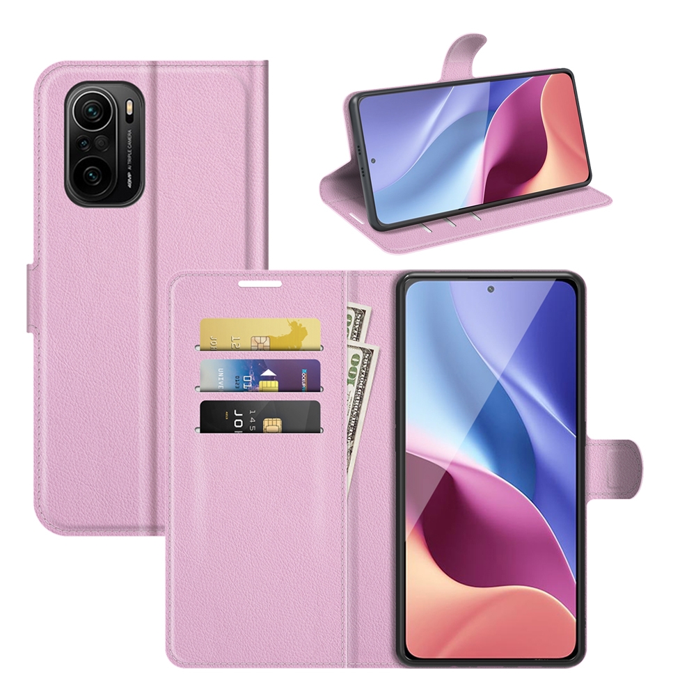 עבור Xiaomi Poco F3 כיסוי ארנק / ספר עשוי מעור בצבע ורוד עם חריצים לכרטיסי אשראי