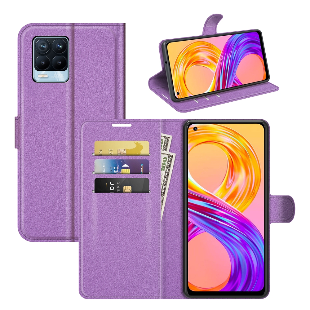 עבור Realme 8 Pro כיסוי ארנק / ספר עשוי מעור בצבע סגול עם חריצים לכרטיסי אשראי