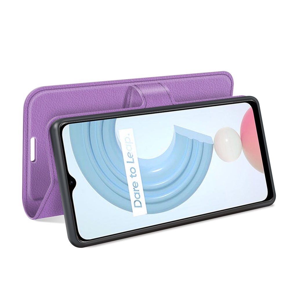 עבור Realme C21Y כיסוי ארנק / ספר עשוי מעור בצבע סגול עם חריצים לכרטיסי אשראי