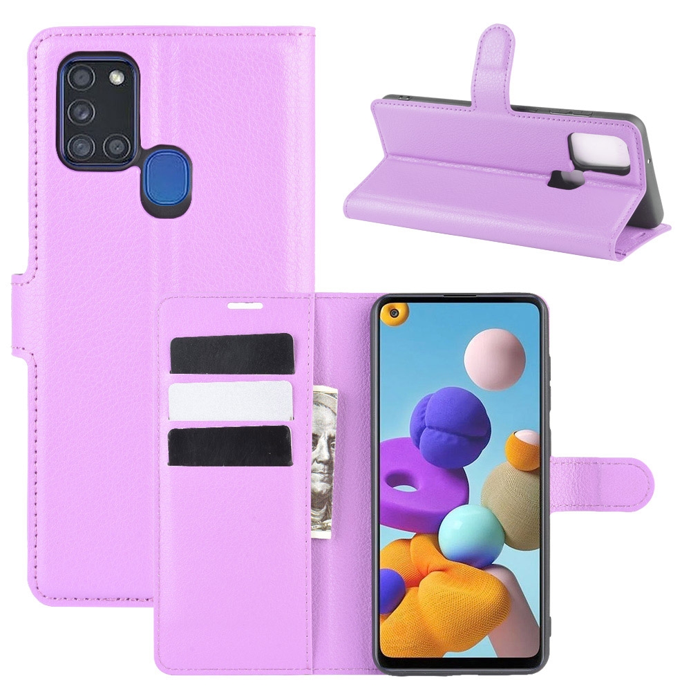 עבור Samsung Galaxy A21s כיסוי ארנק / ספר עשוי מעור בצבע סגול עם חריצים לכרטיסי אשראי