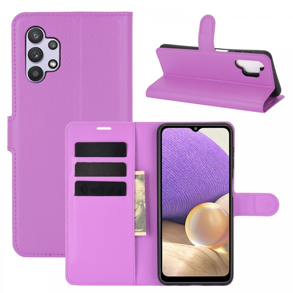 עבור Samsung Galaxy A32 5G כיסוי ארנק / ספר עשוי מעור בצבע סגול עם חריצים לכרטיסי אשראי