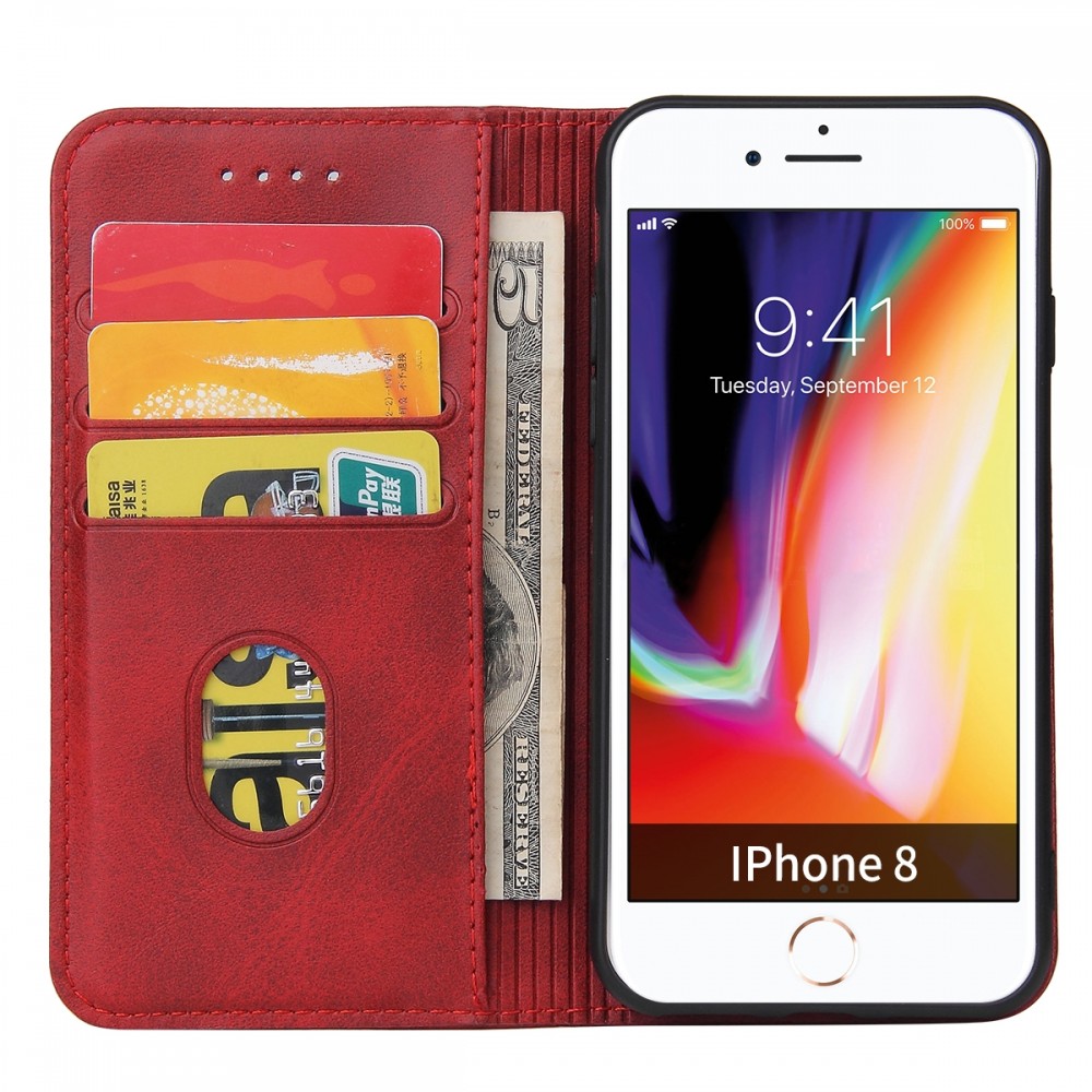 עבור Apple iPhone 7 כיסוי ארנק / ספר עשוי מעור בצבע אדום עם חריצים לכרטיסי אשראי