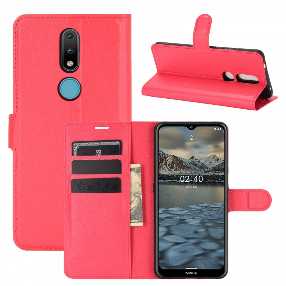 עבור Nokia 2.4 כיסוי ארנק / ספר עשוי מעור בצבע אדום עם חריצים לכרטיסי אשראי
