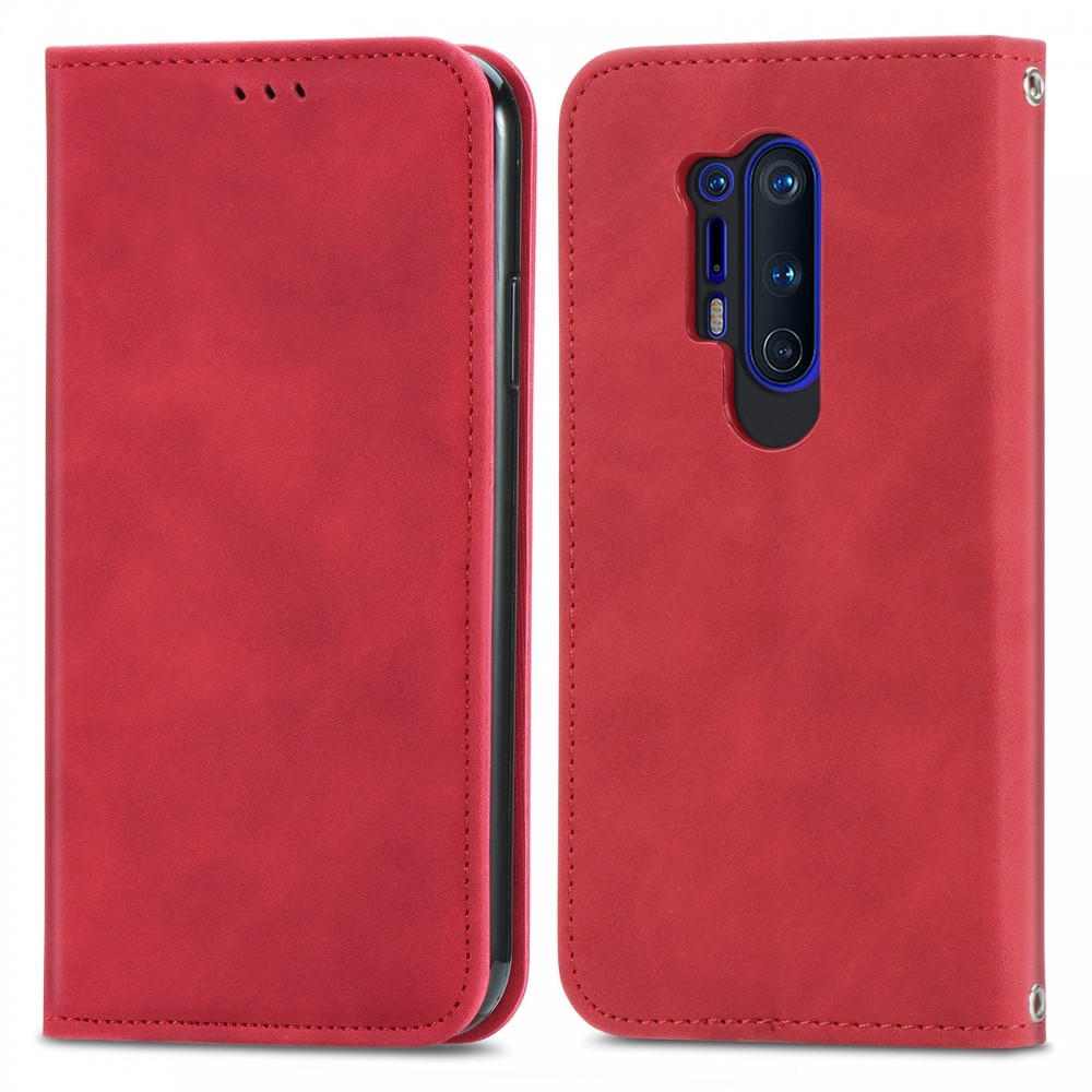 עבור OnePlus 8 Pro כיסוי ארנק / ספר עשוי מעור בצבע אדום עם חריצים לכרטיסי אשראי