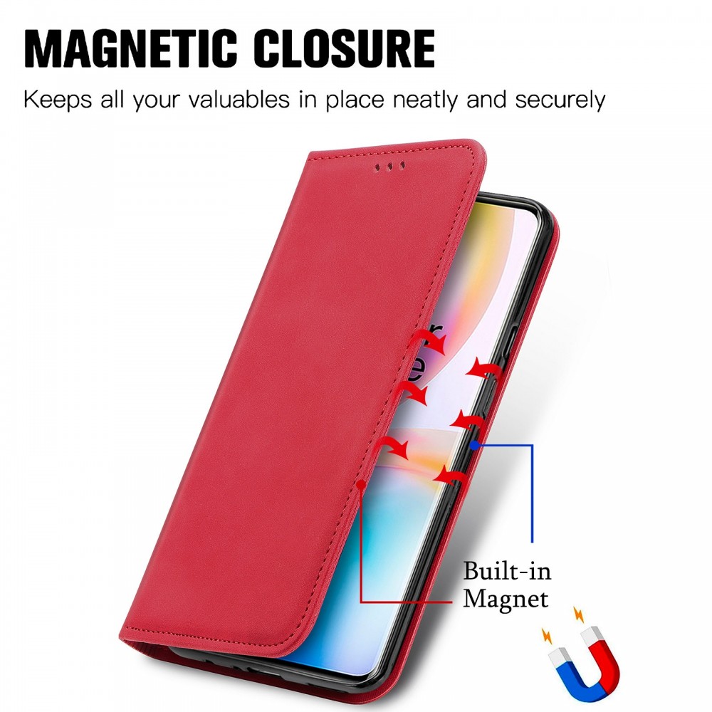 עבור OnePlus 8 Pro כיסוי ארנק / ספר עשוי מעור בצבע אדום עם חריצים לכרטיסי אשראי
