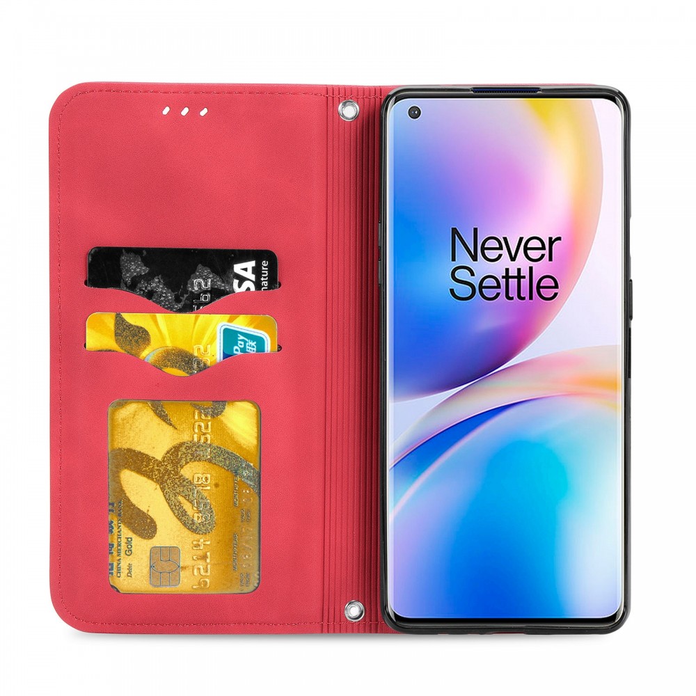 עבור OnePlus 8 Pro כיסוי ארנק / ספר עשוי מעור בצבע אדום עם חריצים לכרטיסי אשראי