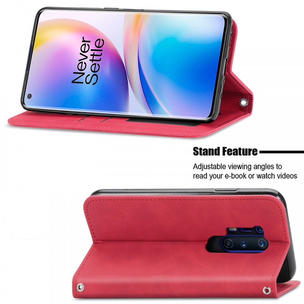 עבור OnePlus 8 Pro כיסוי ארנק / ספר עשוי מעור בצבע אדום עם חריצים לכרטיסי אשראי