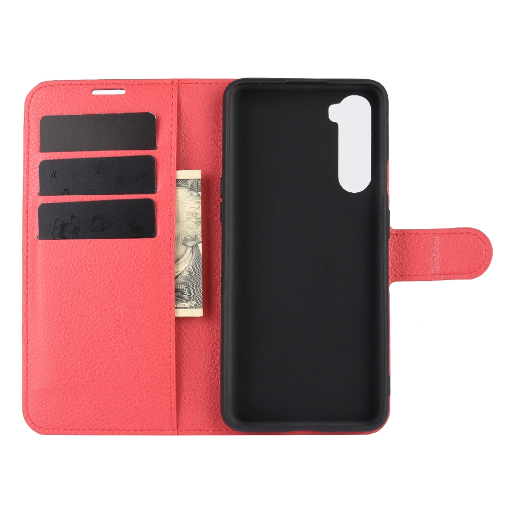 עבור OnePlus Nord כיסוי ארנק / ספר עשוי מעור בצבע אדום עם חריצים לכרטיסי אשראי