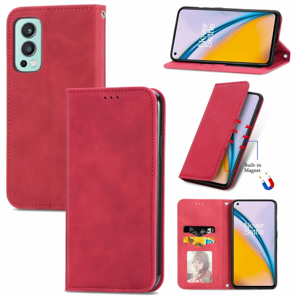 עבור OnePlus Nord 2 5G כיסוי ארנק / ספר עשוי מעור בצבע אדום עם חריצים לכרטיסי אשראי