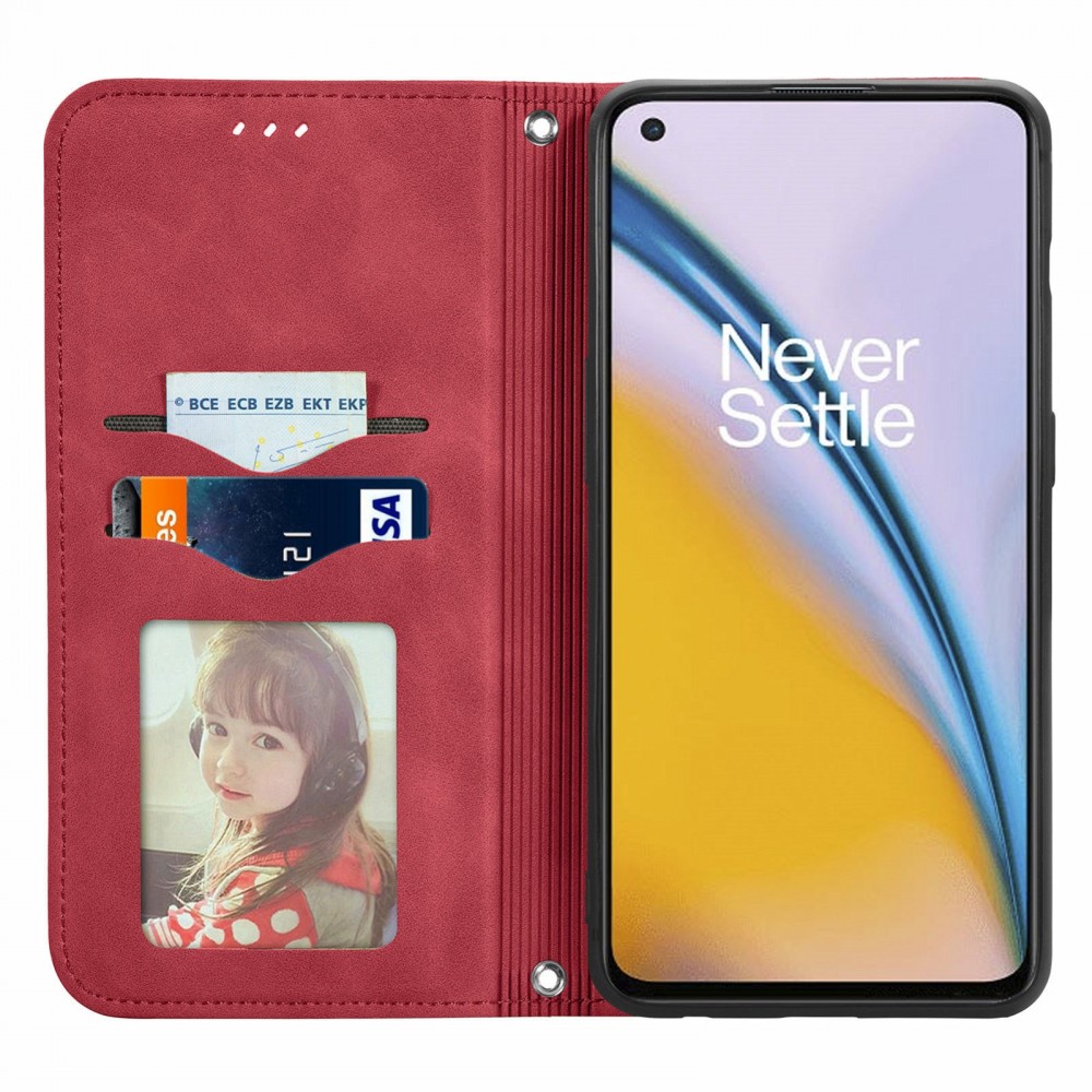עבור OnePlus Nord 2 5G כיסוי ארנק / ספר עשוי מעור בצבע אדום עם חריצים לכרטיסי אשראי